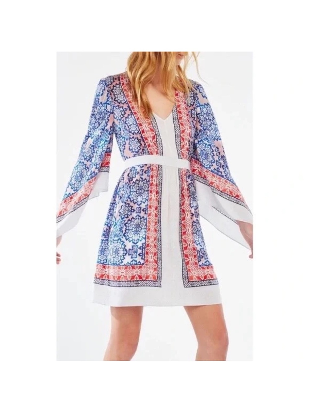 BCBGMaxAzria Blue and Red Patterned Midi Dress